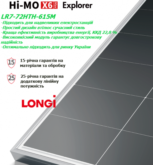 Монокристалічна сонячна батарея LONGi Solar HI-MO X6 Max LR7-72HTH-615M