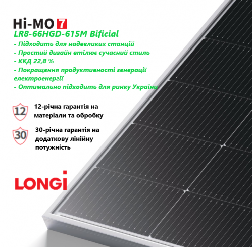 Монокристаллическая солнечная батарея LONGi Solar HI-MO 7 LR8-66HGD-615M Bificial